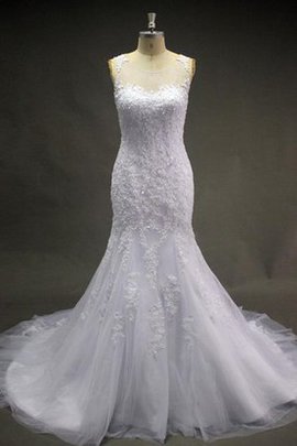 Robe de mariée avec perle avec décoration dentelle manche nulle encolure ronde en tulle