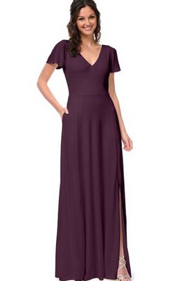 Robe demoiselle d'honneur ligne a avec manche courte en chiffon v encolure