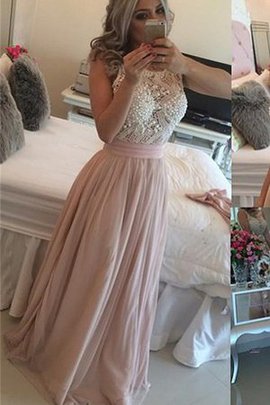 Robe de bal longue avec perles avec ruban encolure ronde avec décoration dentelle