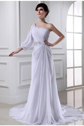 Robe de mariée avec perle a-ligne avec lacets d'épaule asymétrique de traîne moyenne