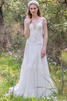 Robe de mariée plissé simple en dentelle avec perle manche nulle