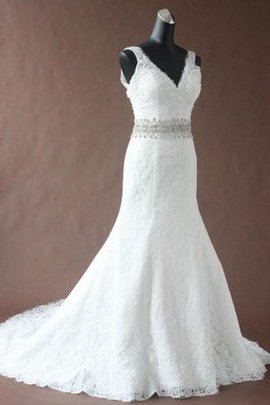 Robe de mariée longue pailleté de col en v avec perle longueur au ras du sol