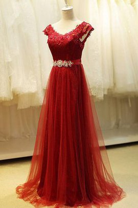 Robe de bal cordon ceinture avec manche courte en dentelle avec perle