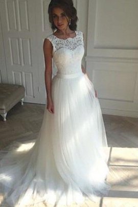 Robe de mariée de traîne moyenne rêveur avec perle en tulle naturel