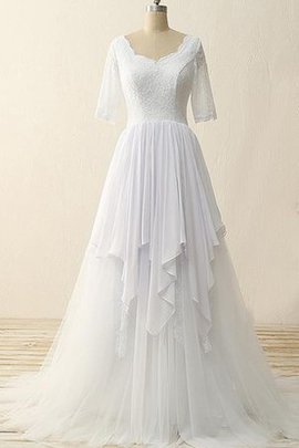 Robe de mariée en satin fermeutre eclair en chiffon avec manche 1/2 de traîne courte