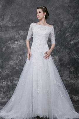 Robe de mariée a-ligne de traîne courte avec manche 1/2 textile en tulle col en bateau