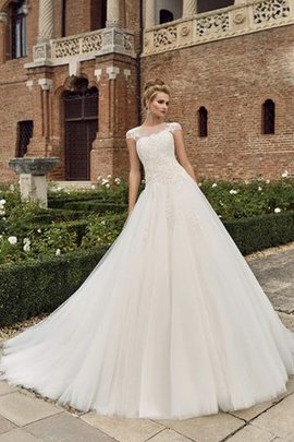 Robe de mariée naturel decoration en fleur col en bateau avec manche courte en tulle