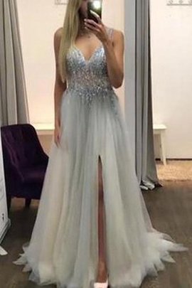 Robe de bal delicat romantique jusqu'au sol avec perle ouverture frontale