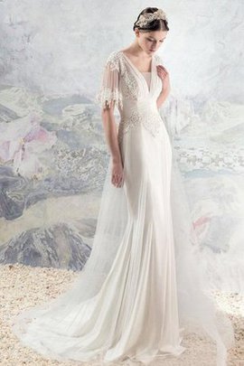 Robe de mariée sans dos v col profonde en chiffon avec manche 1/2 appliques