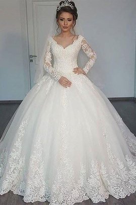 Robe de mariée naturel en tulle de mode de bal avec manche longue v encolure