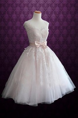 Robe de mariée facile appliques avec sans manches arrivée au mollet avec nœud