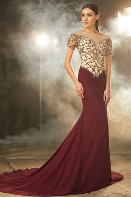 Robe de soirée naturel de traîne moyenne avec perle avec manche courte avec chiffon