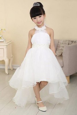 Robe de cortège enfant naturel avec perle avec fleurs asymétrique en organza