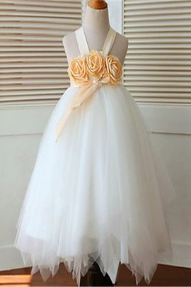 Robe de cortège enfant manche nulle longueur mollet en tulle avec fleurs de mode de bal