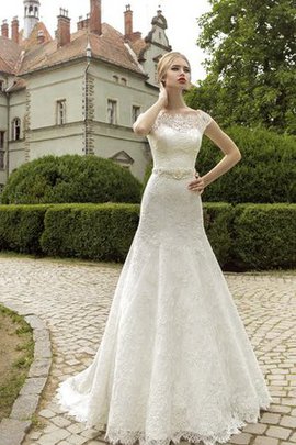 Robe de mariée boutonné avec fleurs ceinture en étoffe de col entaillé en dentelle