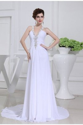 Robe de mariée appliques de col en v avec perle de traîne moyenne de princesse