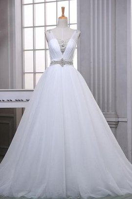 Robe de mariée avec perle a-ligne en satin en tulle longueur au niveau de sol