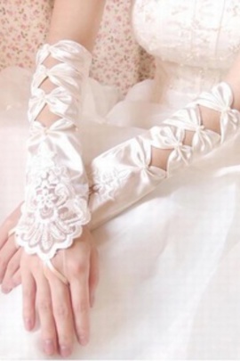 Pétillant satin ourlet de dentelle ivoire élégantes | gants de mariée modestes - photo 2