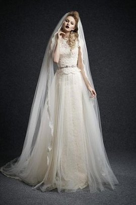 Robe de mariée naturel textile en tulle avec bouton a-ligne avec perle