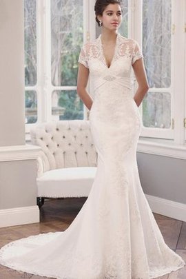 Robe de mariée en dentelle de sirène appliques v encolure avec manche courte