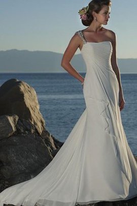 Robe de mariée d'épaule asymétrique avec perle de traîne courte manche nulle a plage