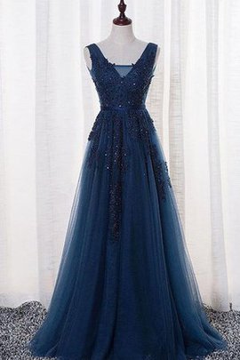 Robe de bal delicat en tulle jusqu'au sol de col en v avec perle