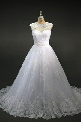 Robe de mariée naturel de traîne moyenne au niveau de cou avec manche courte avec perle