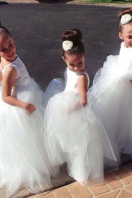 Robe de cortège enfant naturel jusqu'au sol avec fleurs manche nulle de mode de bal