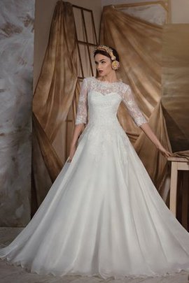 Robe de mariée naturel de traîne mi-longue avec manche 1/2 a-ligne col en bateau