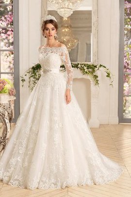 Robe de mariée luxueux avec manche longue avec nœud à boucles ligne a en dentelle