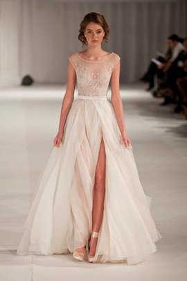 Robe de bal naturel avec perle avec manche courte en organza longueur au niveau de sol