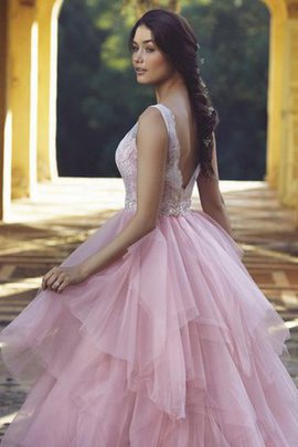 Robe de mariée naturel de col en v avec décoration dentelle en tulle manche nulle