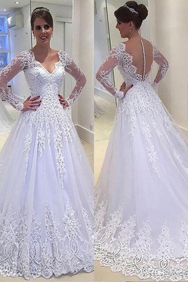 Robe de mariée de traîne moyenne ligne a appliques de princesse v encolure