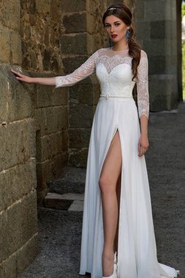 Robe de mariée longue naturel a-ligne au niveau de cou avec perle