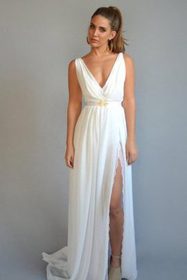 Robe de mariée plissé ruché fendu latérale avec perle manche nulle