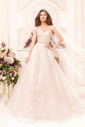 Robe de mariée naturel avec manche courte ligne a appliques avec décoration dentelle