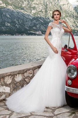 Robe de mariée col ras du cou de sirène en tulle cordon avec manche courte