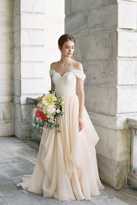 Robe de mariée plissage ruché manche nulle d'epaule ajourée a-ligne