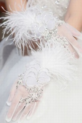 Joli organza avec crystal blanc gants de mariée de luxe