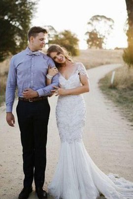 Robe de mariée plissé de sirène avec perle décolleté dans le dos decoration en fleur