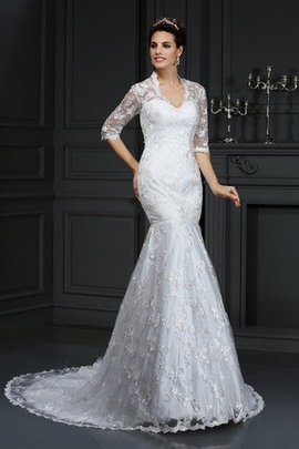 Robe de mariée longue naturel avec décoration dentelle de col en v en 1/2 manche