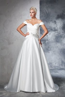 Robe de mariée longue avec sans manches en taffetas de traîne mi-longue ruché