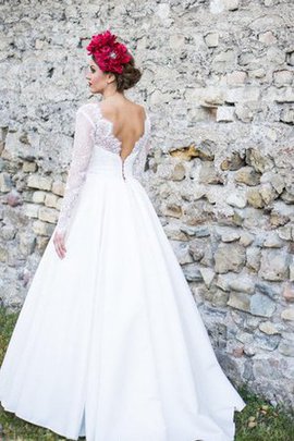 Robe de mariée naturel en satin ligne a jusqu'au sol avec décoration dentelle