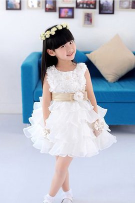 Robe de cortège enfant naturel courte a-ligne fermeutre eclair avec fleurs