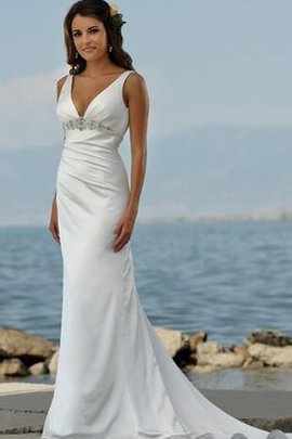 Robe de mariée romantique en satin de col en v manche nulle avec perle