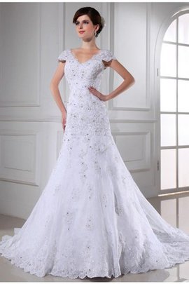 Robe de mariée longue avec zip manche nulle en organza avec perle