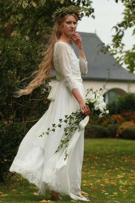 Robe de mariée avec manche 3/4 avec chiffon ceinture longueur au niveau de sol a-ligne