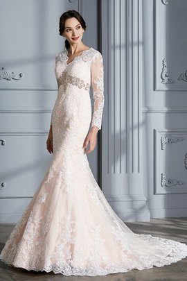 Robe de mariée naturel avec perle de col en v en organza avec manche longue