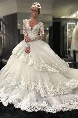 Robe de mariée naturel de col en v en tulle de mode de bal de traîne moyenne