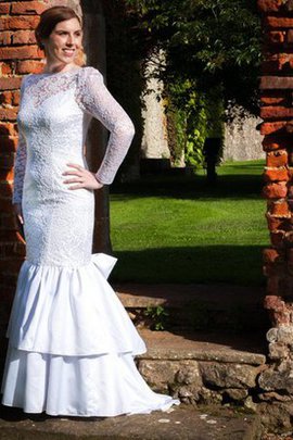 Robe de mariée naturel col en bateau jusqu'au sol en dentelle de traîne courte